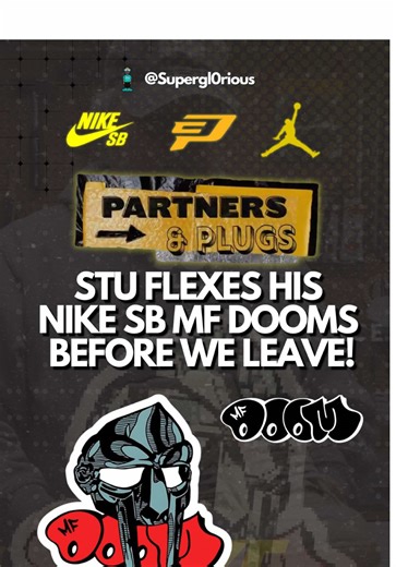 Nike SB Dunk High “MF DOOM” On our way out of Stu’s home, he casually pulled out one of the most recognizable artist collaborations from the Nike SB era: the Nike SB Dunk High MF DOOM. Originally released on July 24, 2007, the shoe was part of Nike SB’s “Gold Box” period, when the skate line was collaborating with musicians, artists, and subculture icons. The pair honors the late underground rapper MF DOOM, whose masked persona and comic-book aesthetic heavily influenced the design. ￼ The sneake
