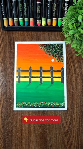 Satisfying Sunset Farm Fence & Green Field Drawing with Oil Pastels 🌅🌾 #shorts #