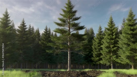 Captivating 3d Animation of a Small Evergreen Seed Sprouting and Rapidly Growing into a Majestic Forest Tree