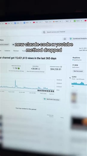 A guy plugged Claude into his YouTube workflow and just got handed a Silver Play Button.15 million views in 365 days. $84,000 in revenue. 77,000 subscribers.He didn't hire an editor. Didn't write scripts by hand. Didn't spend nights stressing over ideas.He built a system with Claude Code that handles the heavy lifting research, scripting, structure, optimization and he just guides it.The channel runs like a machine because he set it up that way once.Most creators burn out chasing the algorithm. 