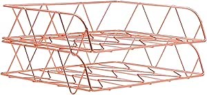 PAG 2 Packs Desktop File Organizer Metal Stackable Horizontal Letter Tray Paper Holder Rack, Rose Gold