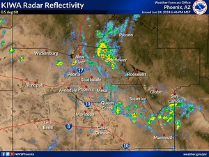 645pm MST: Clusters of storms over NE Maricopa County has pushed an outflow boundary into the Phoenix metro this evening (seen as a fine line advancing westward in this radar loop). Wind gusts around 40 mph and localized blowing dust w/ visibilities under 1 mile will be likely through 745 pm. | US National Weather Service Phoenix Arizona