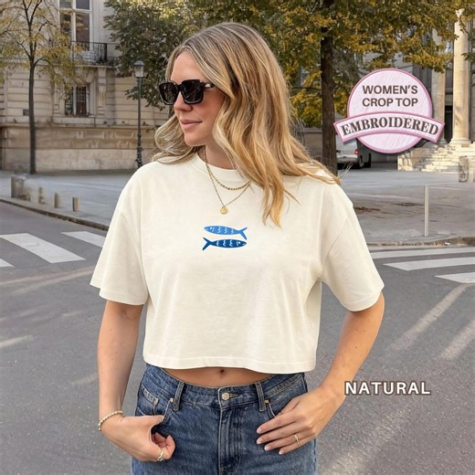 Embroidered Blue Fish Crop T Shirt Minimal Ocean Tee Women Embroidery Beach Vacation Casual Outfit Gift for Beach Lover Friend Summer Shirt - Etsy