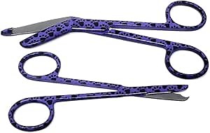 Nurse Bandage Scissors 5.5" + Suture Stitch Scissors 4.5" Set of 2 Stainless Steel Shears to Use for Self Adhesive Wrap & Suture Removal, First Aid, EMS Training, Pet Paws Print (Purple Paws)