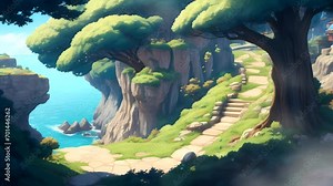footage seaside animation with house and forest loop 4k in anime style