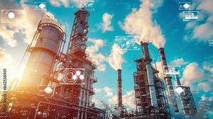 Modern petrochemical plant with digital technology overlays, industry 4.0 concept.