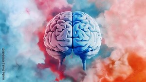 An illustration of the brain with one side showing areas associated with depression and the other side showing areas associated with mania. This image highlights the contrasting