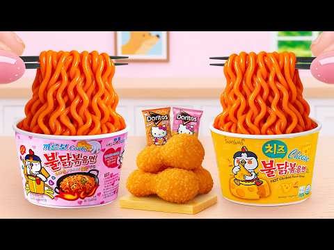 How To Cook Miniature Fire Noodles with Extra Crispy Chicken Drumstick, Cheese Dip by Tony Mini Food