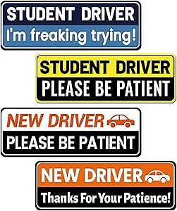 Student Driver Magnet for Car: 4 Pack Funny & Reflective Be Patient Bumper Sticker for Teen New Rookie Novice Driver - Weather-Resistant Safety Warning Signs for Metal Vehicle Surface
