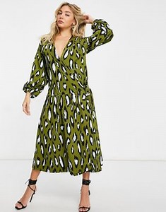 ASOS DESIGN oversized long sleeve midi smock with drop waist in khaki and black leopard | ASOS