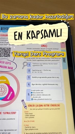 Saliha ✨ on Instagram: "Yarıyıl Tatili İçin Net, Dağılmayan, OGM Materyal ve MEBİ İçeriklerinden Oluşan Çalışma Programları 📚 9–10–11 ve 12. sınıflar için ayrı ayrı hazırlanmış yarıyıl tatili ders çalışma programları hazır. 🔹 9–10. sınıflar: Aynı program 🔹 11. sınıflar: Sayısal & Eşit Ağırlık ayrı 🔹 12. sınıflar: 16 günde TYT bitirmeye yönelik YKS Kampı ✔ Gün gün plan ✔ Soru çözüm takibi ✔ Video çözümlerle kontrol ✔ Hangi derse nasıl çalışılacağına dair yönlendirm