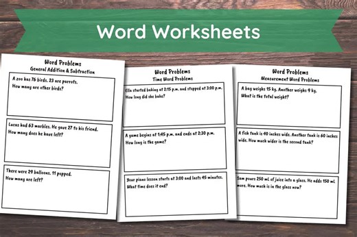 Second Grade Math Worksheets, Second Grade Word Problems, Addition, Subtraction, Shapes, Fraction, Math Review, 2nd Grade Math Worksheets - Etsy