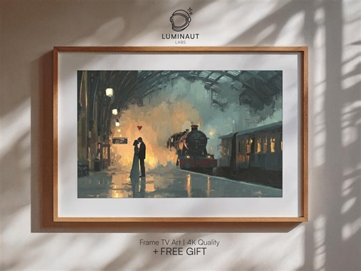 Valentine’s Day Train Station Kiss Frame TV Art, Railway Platform Romantic Oil Painting (digital Download) - Etsy