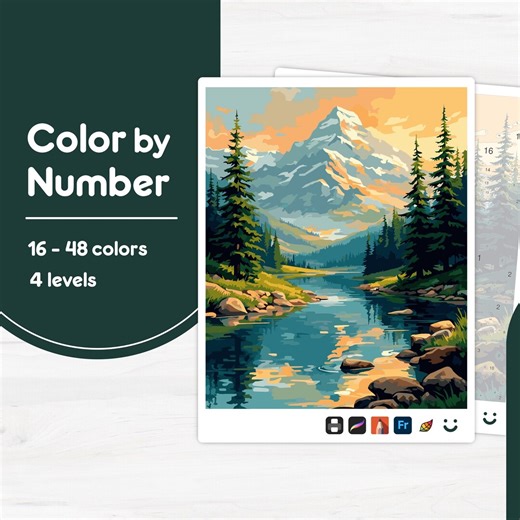 Mountain River Scene - Color by Number - Digital & Printable - 4 Levels - Etsy