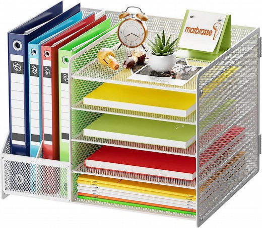 Marbrasse Desk Organizer with File Holder, 5-Tier Paper Letter Tray Organizer, Mesh Desk Organizers and Accessories with Magazine Holder, Desktop Organizer and Storage for Office Supplies (White)