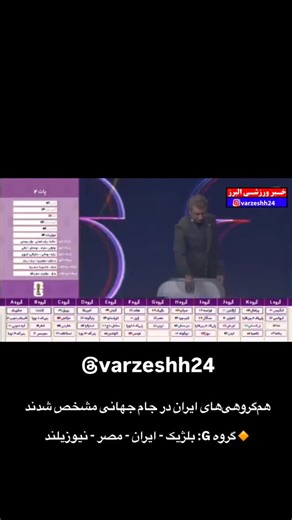 ‎رسانه ورزش ایران -Varzeshh24‎ on Instagram‎: "هم‌گروهی‌های ایران در جام جهانی مشخص شدند 🔸گروه G: بلژیک - ایران - مصر - نیوزیلند @varzeshh24"‎