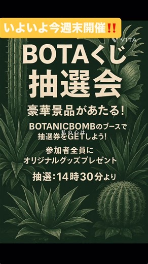 ボタニックボム on Instagram: "🌵✨ いよいよ今週末開催！ ✨🌵 今回はなんと68店舗が集結！ 塊根植物・多肉・アガベ・観葉・鉢・雑貨・フード・スイーツなど、 植物好きやご家族にはたまらない一日🌿 “植物好きの熱い想い”から始まった、 京都府福知山発の植物イベント「BOTANICBOMB」 ＼合言葉は「プランツディスカバリー」／ 植物をきっかけに、人とまちがつながる1日。 ⸻ 多肉植物・塊根植物・観葉植物など 全国から集まるボタニストたちの個性豊かな植物たちが一堂に さらに、こだわりの《フード》＆《MUSIC》も楽しめます。 ═ ═══════◎═══════ ═ ✴︎ 北近畿最大の植物マーケット ✴︎ █ ▓▒ BOTANICBOMB vol.09▒▓ █ ═ ═══════◎═══════ ═ ⸻ 【植物ブース】58店舗 【フードブース】6店舗 【キッチンカー】4店舗 【Music】1ブース 合計68店舗が福知山三段池公園に集結！ ⸻ 【日程】 2025年11月9日（日）※雨天決行 【時間】 先行入場 9:00〜（チケット制） 一般入場 10:00〜16:0