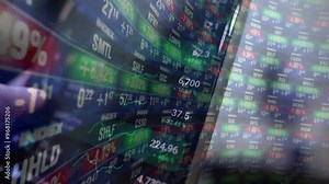 Stock market abstract finance background with motion graph, chart bars and financial information. Global business analyzing concept with trade statistics. Seamless loop.