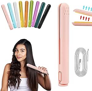 Cordless 2-in-1 Mini Curling Iron and Hair Straightener for Short Hair (Pink)
