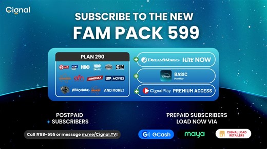 Your favorite Disney shows are now here! Upgrade Plan 290 subscriptions with 𝗙𝗮𝗺 𝗣𝗮𝗰𝗸 𝟱𝟵𝟵! Just add a little bit more, and you’ll get Dreamworks, Hits Now, Disney Basic Monthly and Cignal Play Premium Access. All these for just PHP 599! Upgrade now by calling #88-555 or messaging m.me/mycignal.ph! Also available for Prepaid subscribers via GCash, Maya, and Cignal Load Retailers. | Cignal