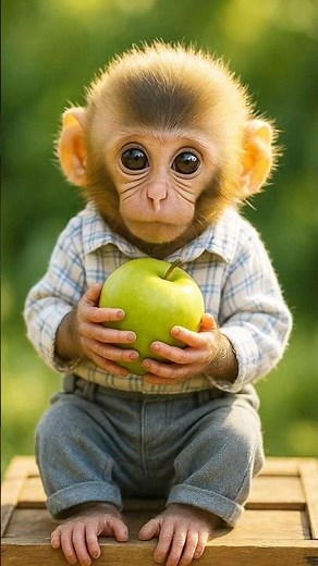 Cute Baby Monkey Eating Green Apple 🍏 | Adorable Monkey Moments 🐒