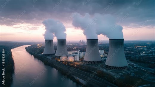 Cooling tower steam rises beneath dramatic sky and brooding clouds, industrial landscape by river at dusk, power plant energy infrastructure, environmental impact, pollution, cityscape, moody scene