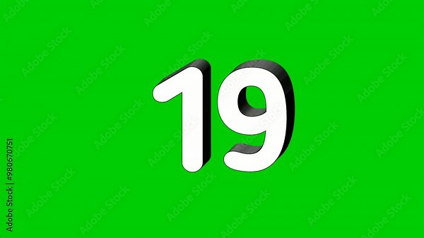 3D Number 19 nineteen sign symbol animation motion graphics icon on green screen background,the number reveal on smoke,cartoon video number for video elements