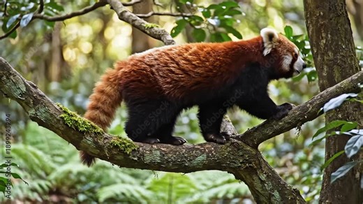 Adorable Red Panda Walking on a Mossy Tree Branch in a Dense Green Forest