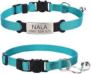 Custom Cat Collars, Nylon Soft Adjustable Personalized Kitten Collar with Bell, Quick Release Safety Buckle Cat Collar (Teal)
