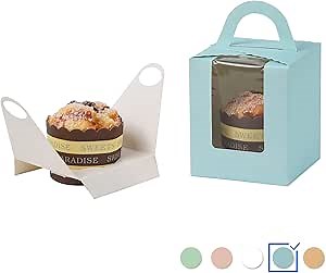 25 Pack Cupcake Carrier Blue Cupcake Boxes with Handle and PVC Window, Single Cupcake Holder Candy Boxes for Birthday and Party