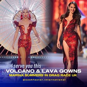 Lava🌋& Volcanic Queens🌋 Miss Universe 2018 @catriona_gray and Filipina Drag Queen @marinaxsummers during Drag Race UK's Ruveal Yourself Episode Erupting with power, creativity and elegance on the mainstage with the ICONIC Lava Gown by @maktumang and structured volcano dress by @jobdacon 🤌🏽💥 Creative & Fashion Direction @marinaxsummers Styling @paulxsese Volcano Dress by @jobdacon Lava Gown by @maktumang Crystal Headpiece by @manny.halasan Hair @hair.sex Nails @thesleekchique Face @liftclini