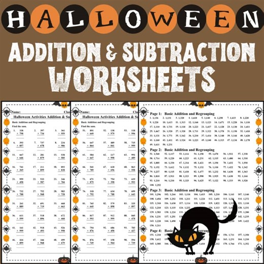 Halloween Math Worksheets | Triple-Digit Addition & Subtraction with Answer Key