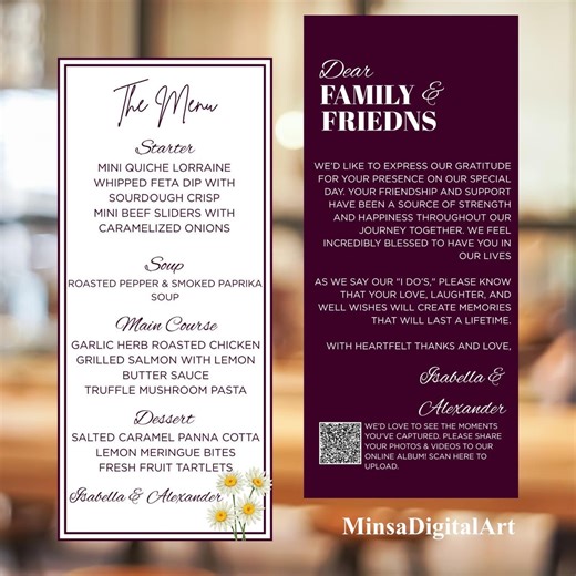 Wedding Menu Card Template, Elegant Menu and Place Card, Vintage Dinner Menu and Thank You Card, Instant Download, Printable - Etsy