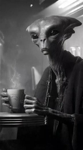 Coffee with a space alien and yes we like black and white photos.