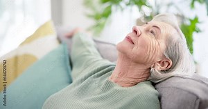 Senior woman, couch and breathe to relax, calm nap and comfortable break in retirement at home. Tired elderly lady sleeping for rest, mental health and freedom of peace, happiness or daydream on sofa