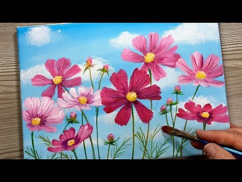 PINK COSMOS / EASY ACRYLIC FLOWER PAINTING / How To Step By Step For Beginners/ 10 Mins Art