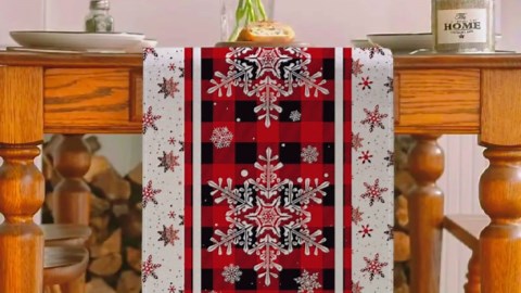 Snowflake Table Runner Red Black Buffalo Plaid Christmas Table Runners Xmas Winter Holiday Table Runner Kinchen Dining Table Decoration for Home 13x60 Inch