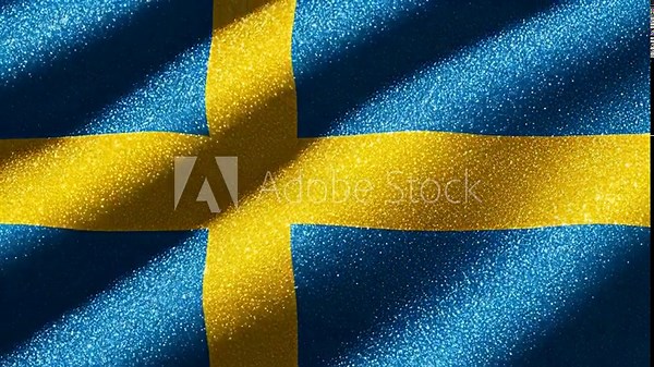 Glittering Swedish Flag Wallpaper - A close-up video showcases the flag of Sweden, with a shimmering, glitter-like effect. The yellow cross stands out vibrantly against the blue background.