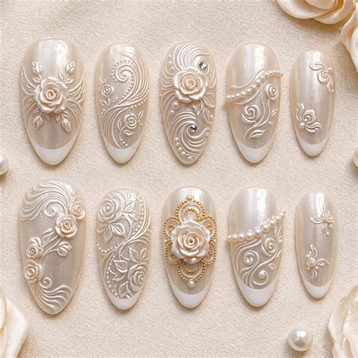 Rose Bride Nails Press on Nails 3D Pearl Floral Elegant French Tip for Bride Wedding Day Bridal Shower Gift Handmade Luxury Nails - Etsy