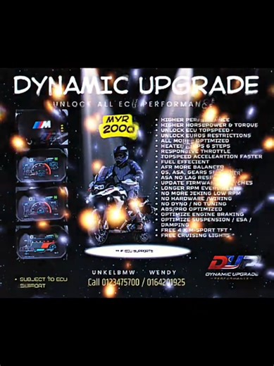 DYNAMIC UPGRADE (BMW Motorrad) Unlock Hidden Performance Upgrade in 60 Minutes (subject to ECU/model support) If your BMW feels jerky at low RPM, slow to respond, or not as smooth as it should be Dynamic Upgrade Upgrade service focused on smooth and power delivery (without hardware changes). ✅ What you can expect (model dependent) • Smoother low-RPM riding (reduced hesitation/jerking) • Faster, more precise throttle response • Unlock Tospspeed / Euro5 restrictions • Fully Automated Online proces