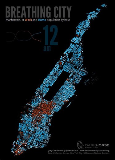 Manhattan's at-work and at-home population animated by hour. Work by Dark Horse Analytics.