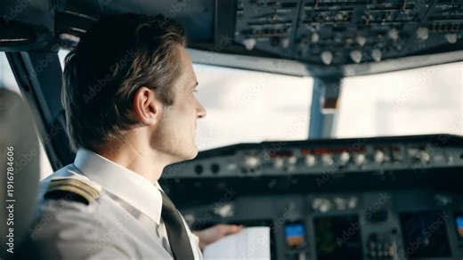 Airline pilot demonstrating cockpit operations for training and recruitment