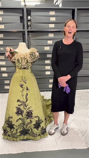 ✨Met Gala Monday: Behind the Scenes ✨ This two-piece green evening gown was worn by Pittsburgh native Sarah Kerr Cole, wife of Consul-General Charles Lawrence Cole, at the court of King Albert and Queen Carola of Saxony, Germany. Made in Vienna by Stern Co., the gown is a jewel of the History Center collection and one our team thinks fits perfectly with this year’s #MetGala theme, Sleeping Beauties: Reawakening Fashion, because of its fragility and floral motif. 📸 Two-piece gown made of light y