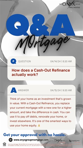 💰🏡 Cash-Out Refinance — Turn Your Equity Into Strategy • Access cash from your home’s value • Consolidate high-interest debt • Fund renovations or major expenses • Invest without selling your home • One structured monthly payment A cash-out refinance isn’t about spending — it’s about repositioning your finances using equity you’ve already built. At The Onyx Group Mortgage, we analyze your numbers and goals to ensure a cash-out refi actually improves your long-term position. 📲 Apply now: https