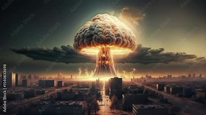 Slow motion horizontal video of a nuclear explosion over a city at night, showing a massive mushroom cloud, fire, destruction, and fallout—symbolizing apocalypse, danger, and devastation.