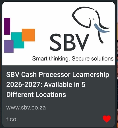 vacancyupdate.co.za SBV Cash Processor Learnership 2026-2027: Available in 5 Different Location Melisa Veg 9 - 11 minute About S With more than 37 years of industry experience, SBV has established a strong reputation for providing high-quality and reliable services within the cash management sector. As a trusted partner to the financial regulator, SBV plays a critical role in the collection and distribution of newly issued banknotes and coins throughout South Africa. Working in close collaborati