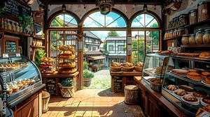 Cozy bakery interior with fresh pastries on display, sunlit through large windows. European village concept