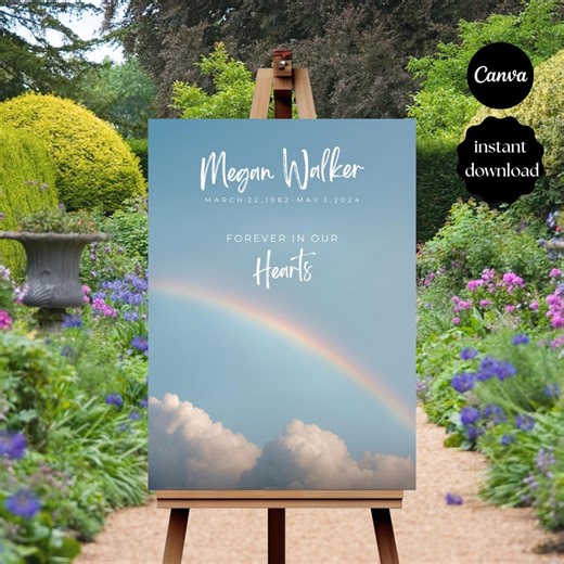 Funeral Poster Board With Rainbow in Sky, Clouds Funeral Welcome Sign, Memorial Sign, Celebration of Life Heaven Decoration - Editable Canva - Etsy
