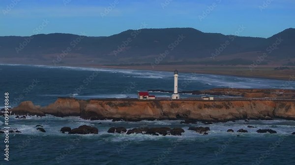 Point Arena Historic Landmark Red Museum building Lighthouse California aerial drone Stoneboro Manchester Beach Shoreline Highway Pacific Ocean Fort Brag San Fran Big Sur day sun circle right parallax