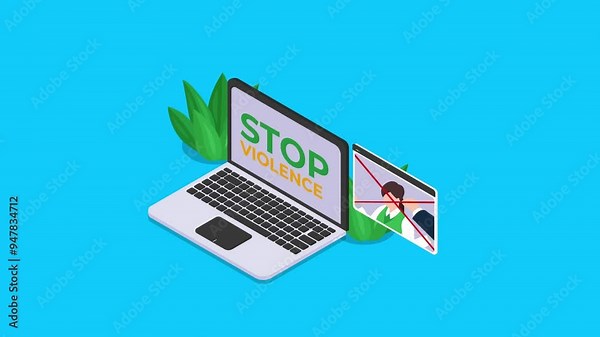 Woman at laptop screen Stop violence 3d animation cartoon